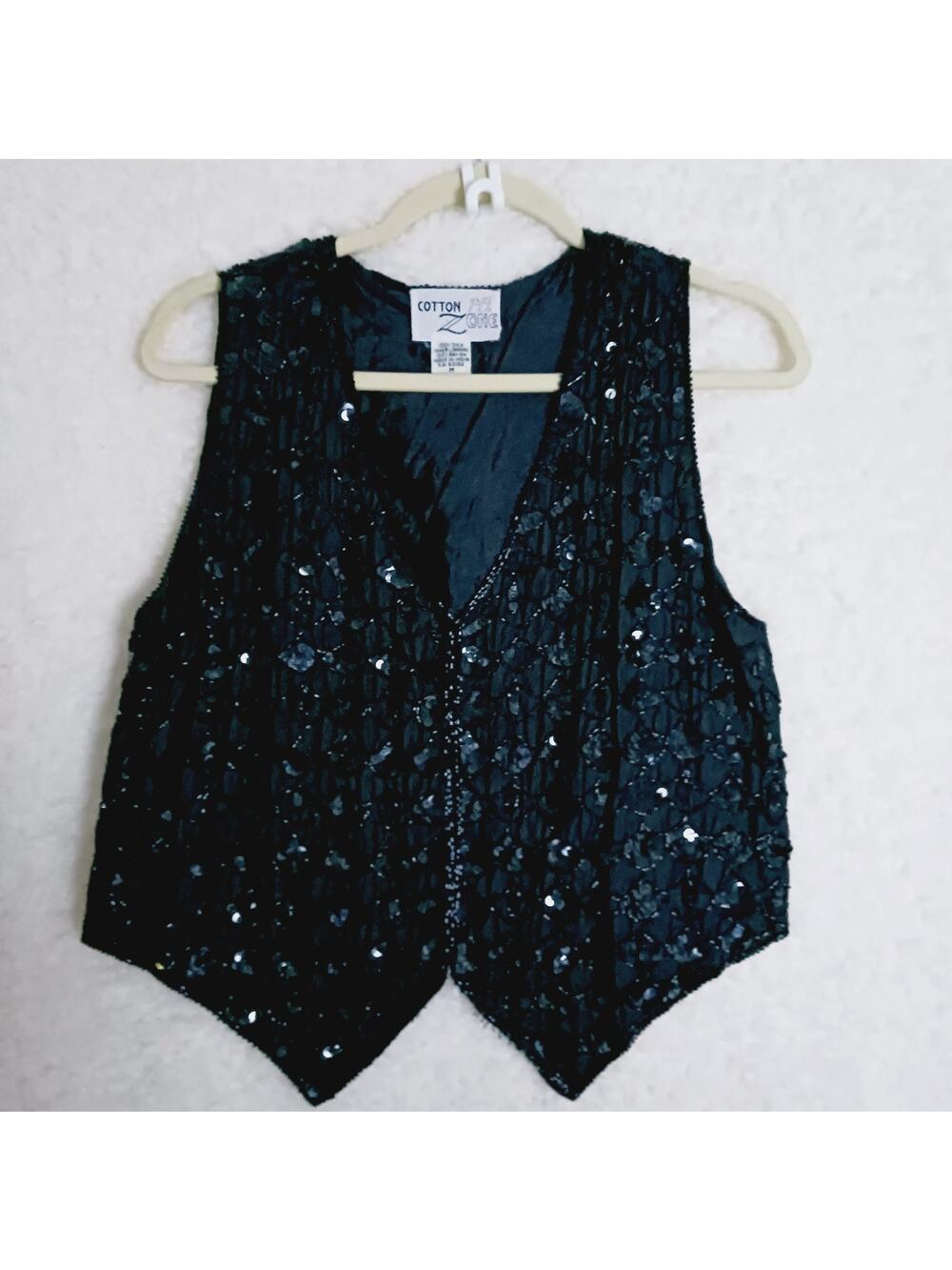 Vest Women Cotton Zone Silk Black Sequins Goth Fairy Hook Eye Closure Size M